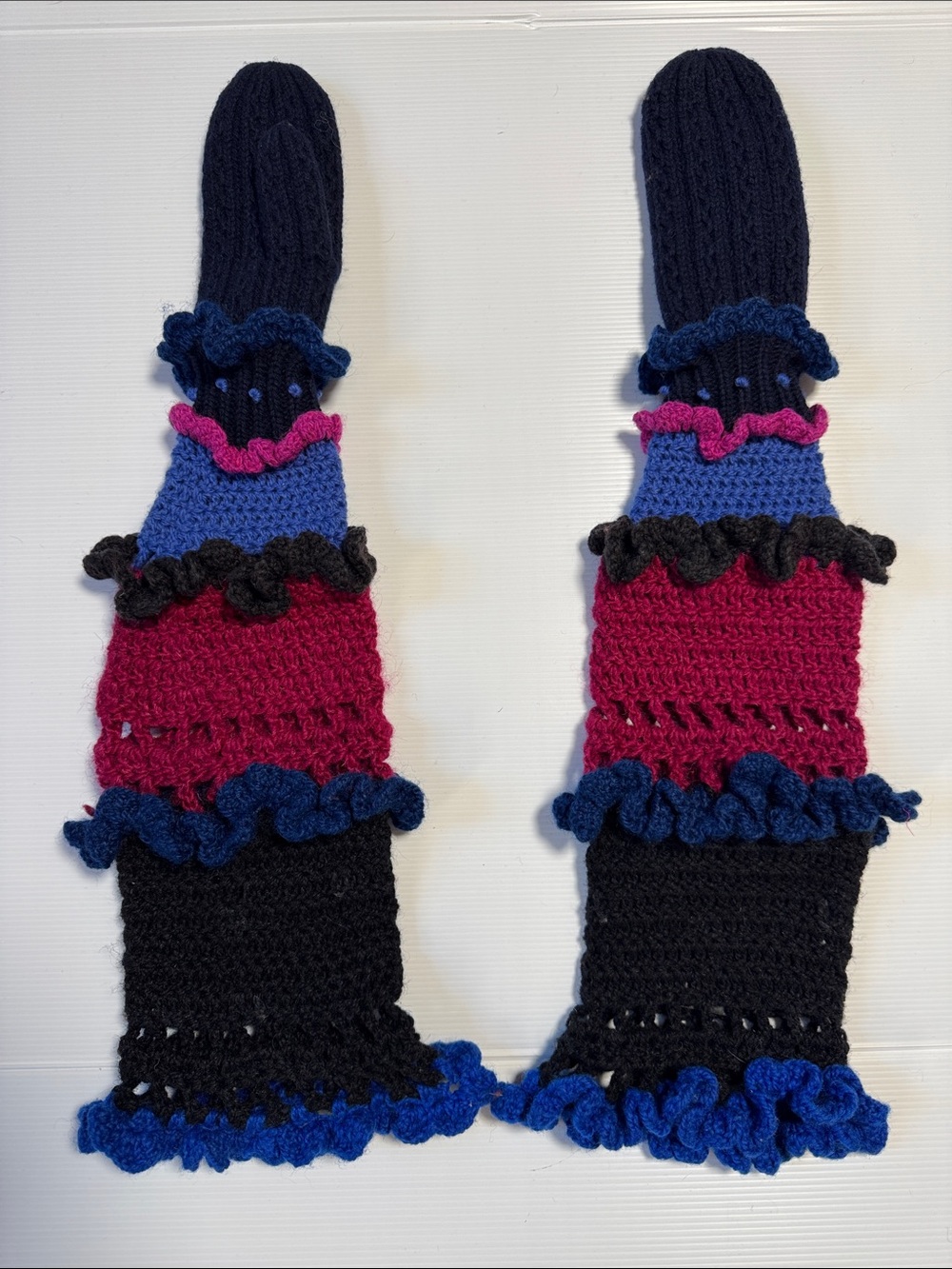 Handmade Mittens Ruffled Crochet Above Elbow Arm Warmers Black Blue Fuchsia